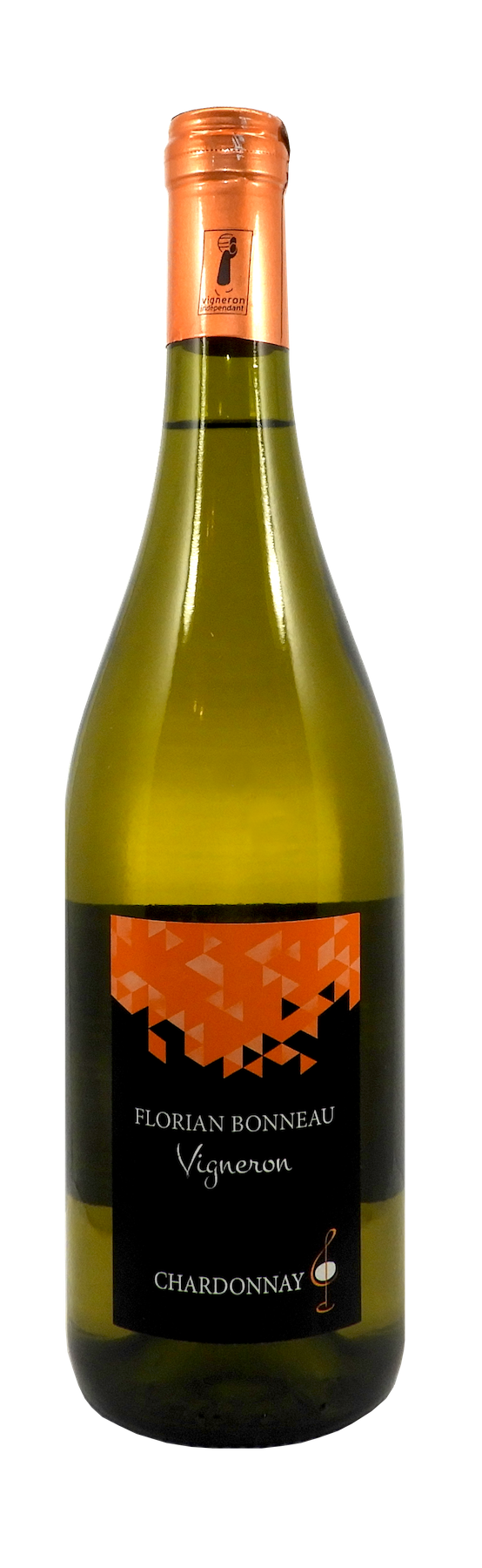 Une bouteille de vin blanc avec une étiquette noire sur fond blanc.