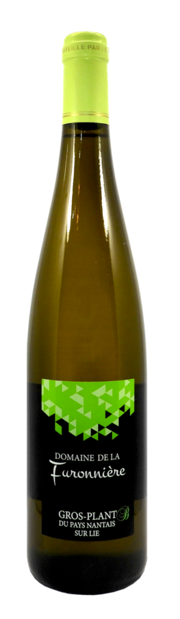 Une bouteille de vin blanc avec une étiquette verte sur fond blanc.