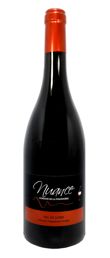 Une bouteille de vin avec un bouchon rouge sur fond blanc.