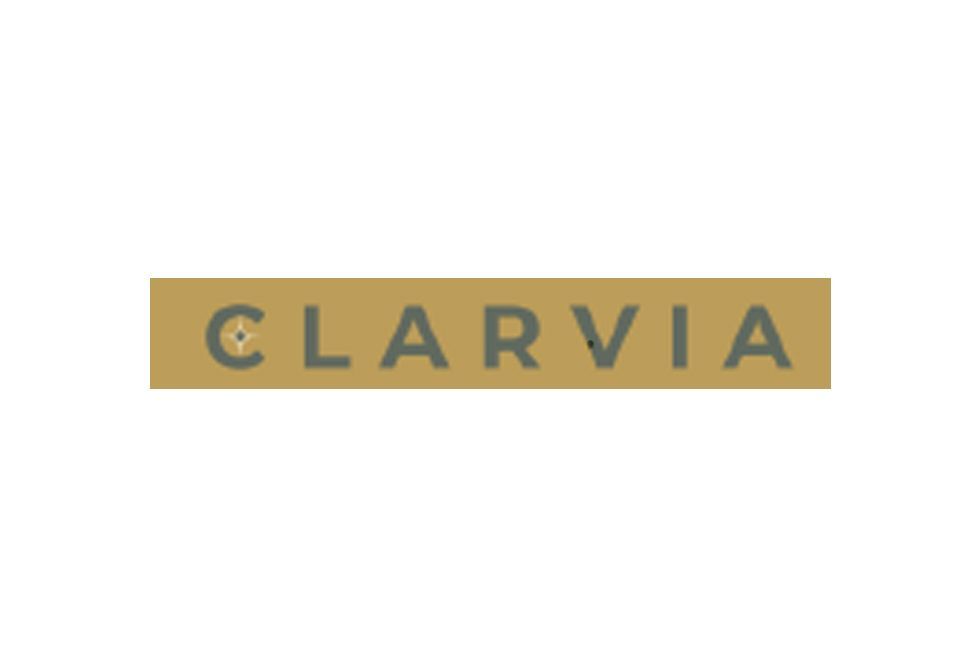 CLARVIA logo in dark gray letters on a gold rectangular background