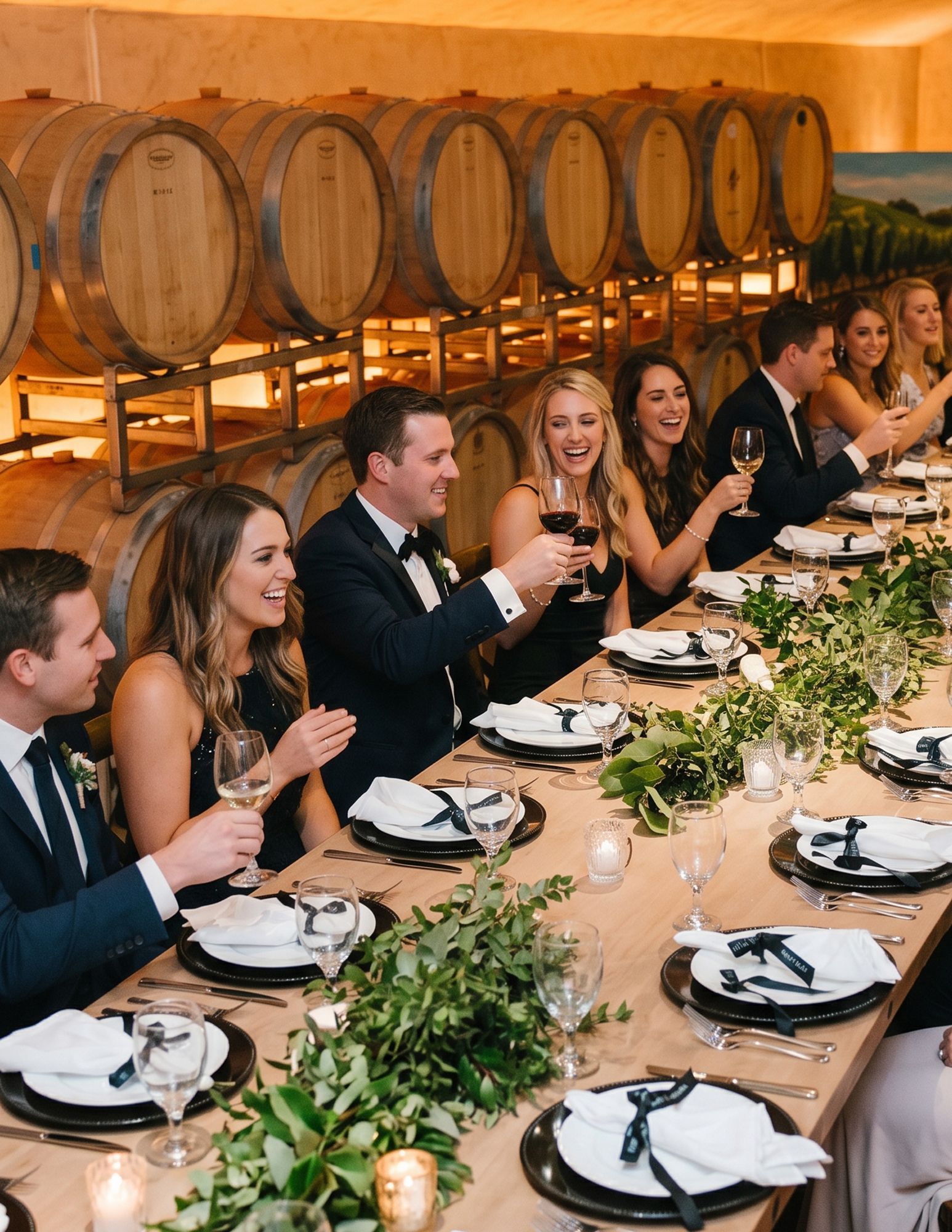 Long banquet table set with plates, candles, and greenery in a barrel-lined wine cellar