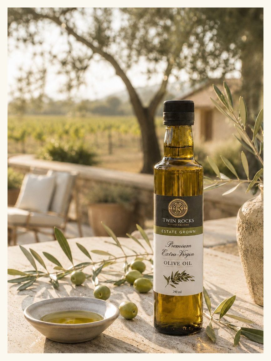Bottle of olive oil on a table with olives and a bowl, in a sunlit outdoor setting