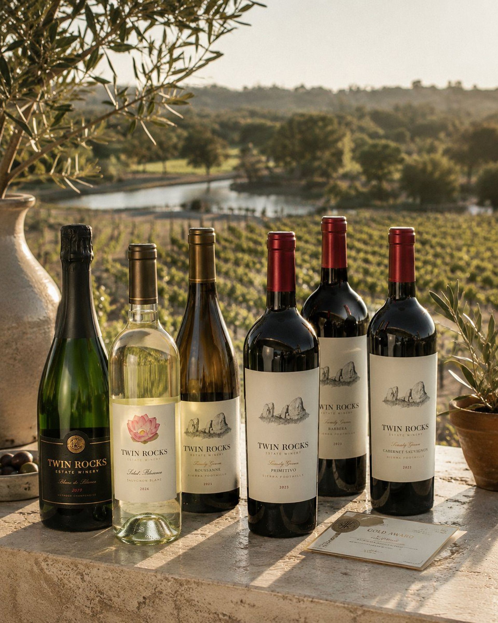 Six bottles of wine on a stone ledge overlooking a sunlit vineyard and river valley.