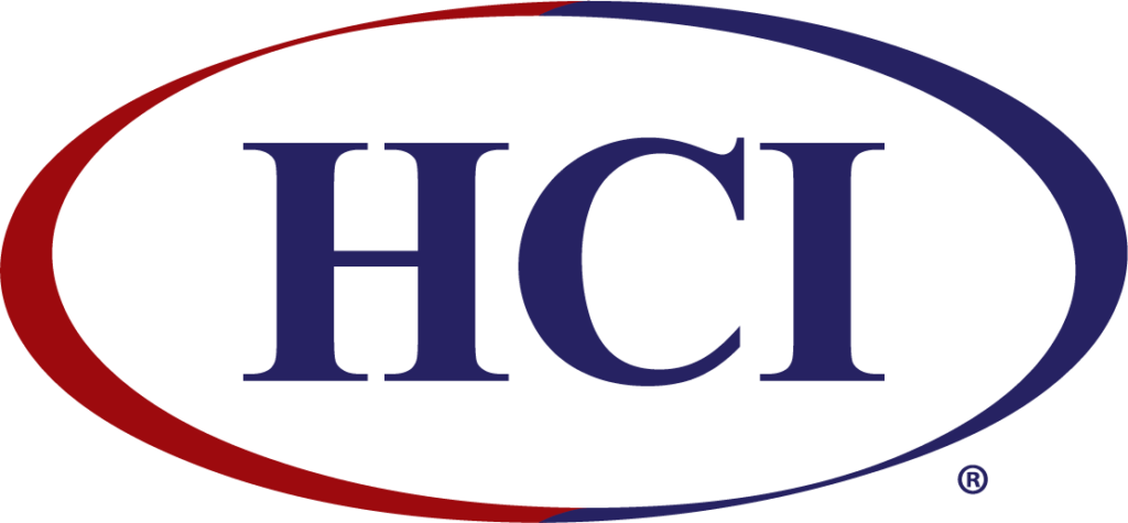 A blue and red logo for a company called hci