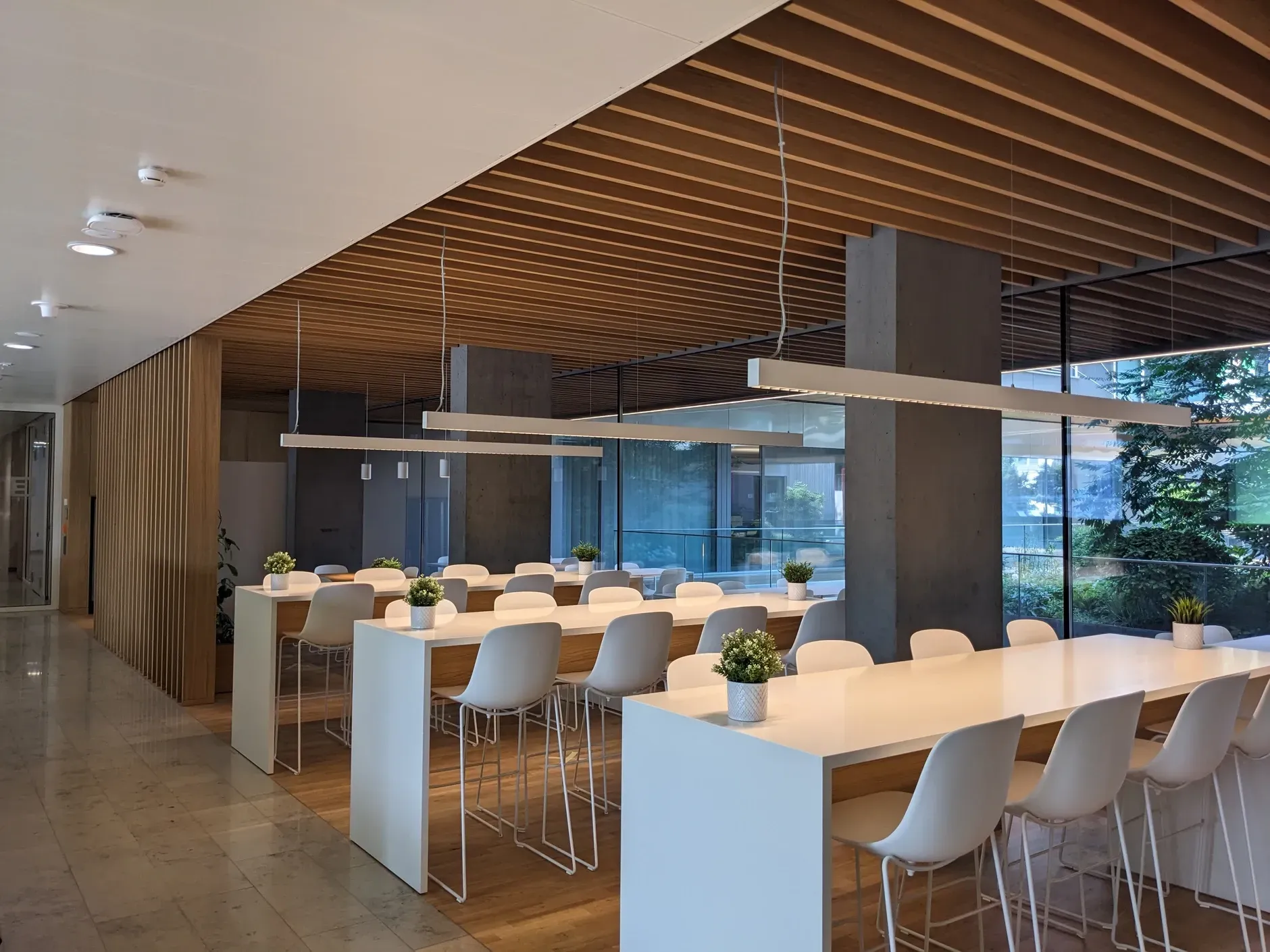 Moderner Essbereich mit langen weißen Tischen, grauen Stühlen und dekorativer Decke sowie einer Akustik Wand