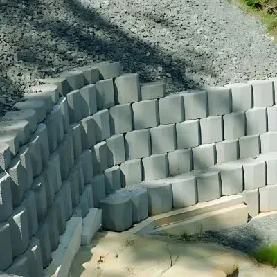 Completed concrete block reinforced retaining wall holding gravel in Silverstream, by Lower & Upper Hutt Concrete Services.