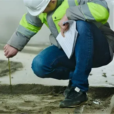 City council inspector from Upper Hutt City inspecting leveled concrete in Clouston Park, Upper Hutt.