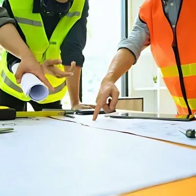 Upper Hutt Council inspector reviewing car park construction plans with a contractor in Upper Hutt Central.