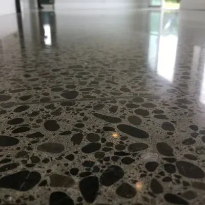 High‑gloss polished concrete with full aggregate exposure in Petone, Lower Hutt, Wellington.