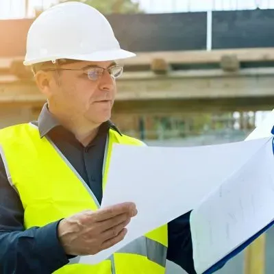Hutt City Council inspector reviewing concrete patio building consent plans at construction site in Lower Hutt.