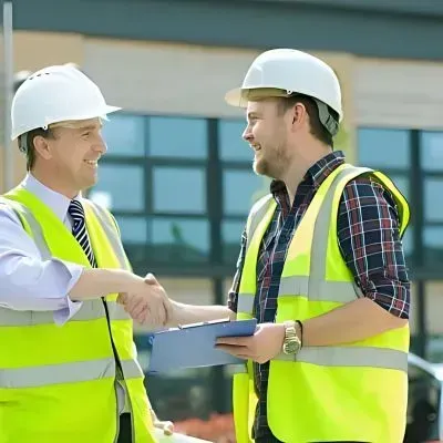 Hutt City Council inspector and concrete contractor reviewing step construction plans on a commercial site in Hutt City.