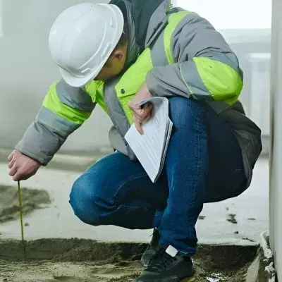 Hutt City Council inspector measuring concrete floor depth with construction paperwork in Avalon.