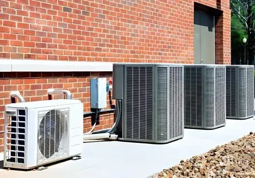Long concrete pad supporting an AC unit and three small generators at a commercial premises in Hutt Central.