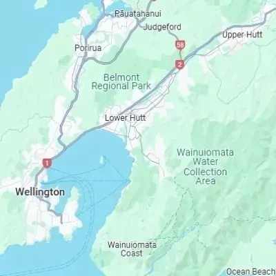 Map showing Lower Hutt and Upper Hutt concrete services coverage area in the Wellington region and theHutt Valley.