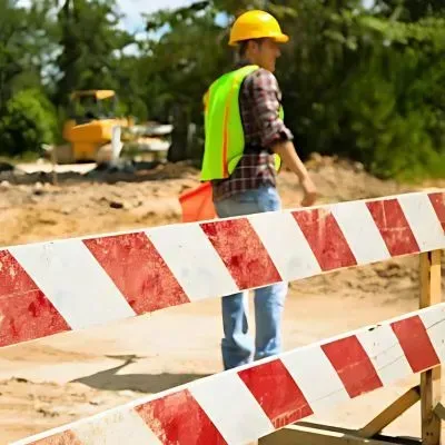 Traffic management supervisor directing vehicles at a blocked driveway construction site in Taita.
