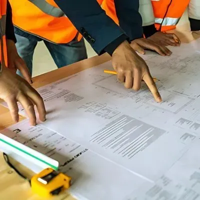 Upper Hutt contractors reviewing cement flooring construction plans with a council official for compliance standards.