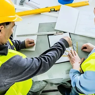 Concrete contractor reviewing slab blueprint plans with Upper Hutt City Council officer and measuring tools on a desk.
