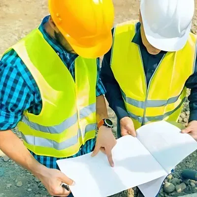 Upper Hutt Council inspector reviewing driveway plans with our contractor on a Maoribank construction site.