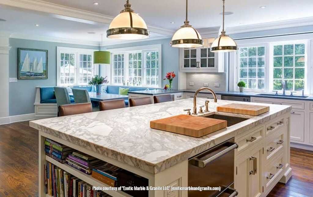 Spacious kitchen with large island, granite countertop, pendant lights, and bay window seating.