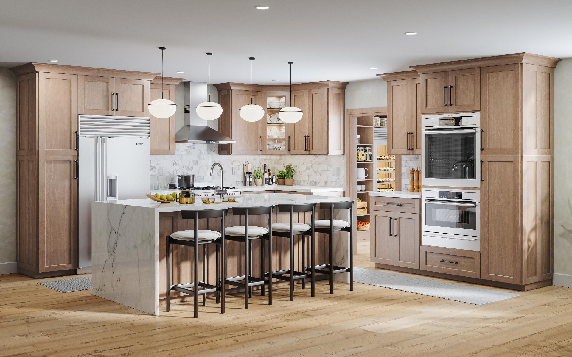 Modern kitchen with light brown cabinets, marble countertops, and island with stools.