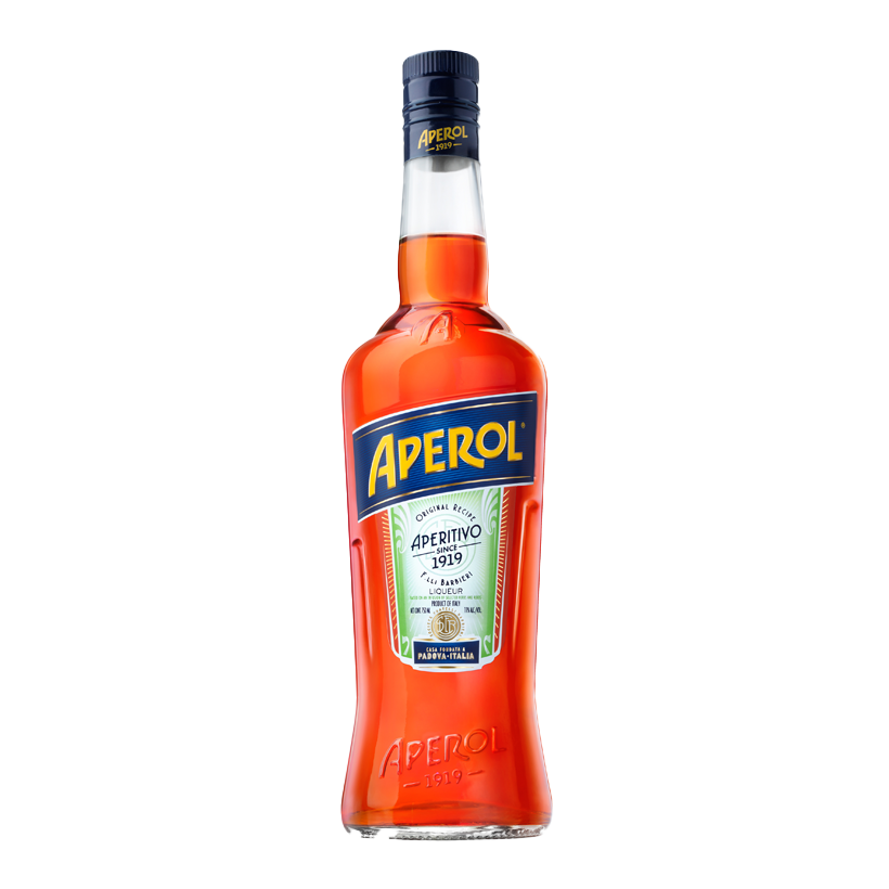 Bottle of Aperol, bright orange aperitif, with blue and white label.