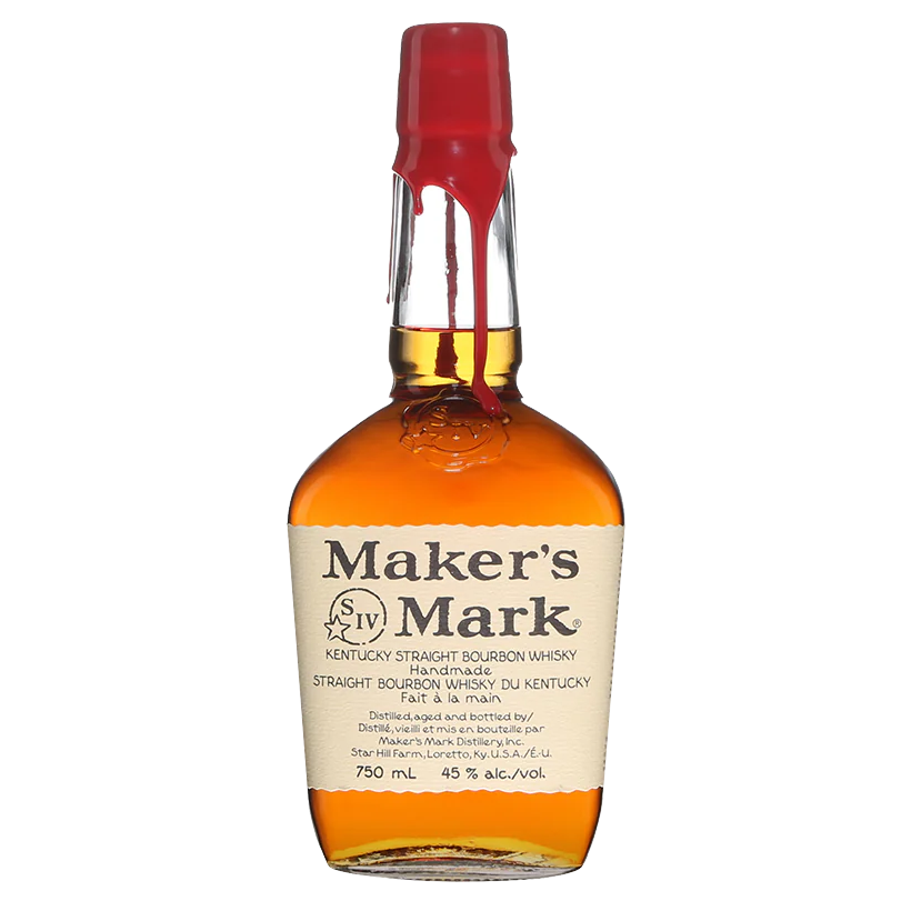 Maker's Mark bourbon bottle, amber liquid, red wax seal on neck, white label.