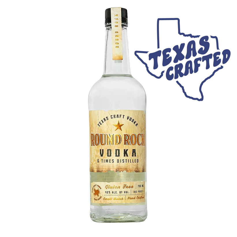Bottle of Round Rock Vodka, a Texas-crafted liquor, with a Texas outline logo in blue.