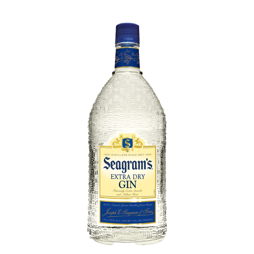 Seagram's Extra Dry Gin bottle with a textured, clear glass body and blue and gold label.