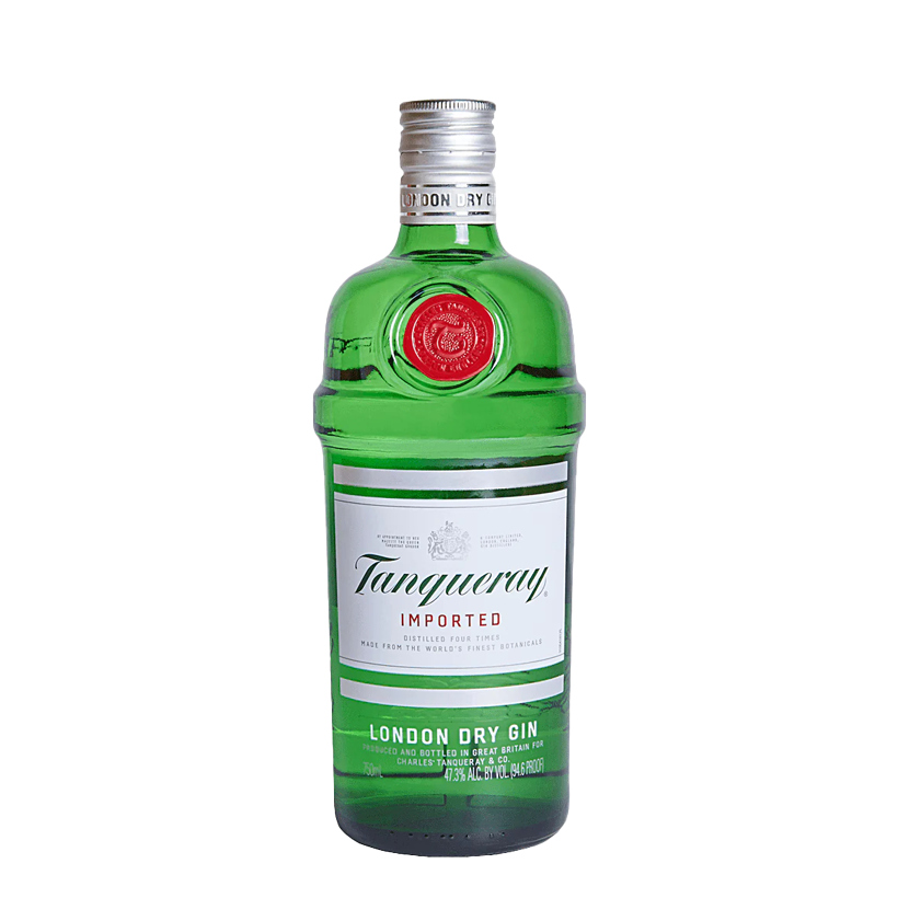Bottle of Tanqueray gin, green glass with white label, red wax seal, silver cap.