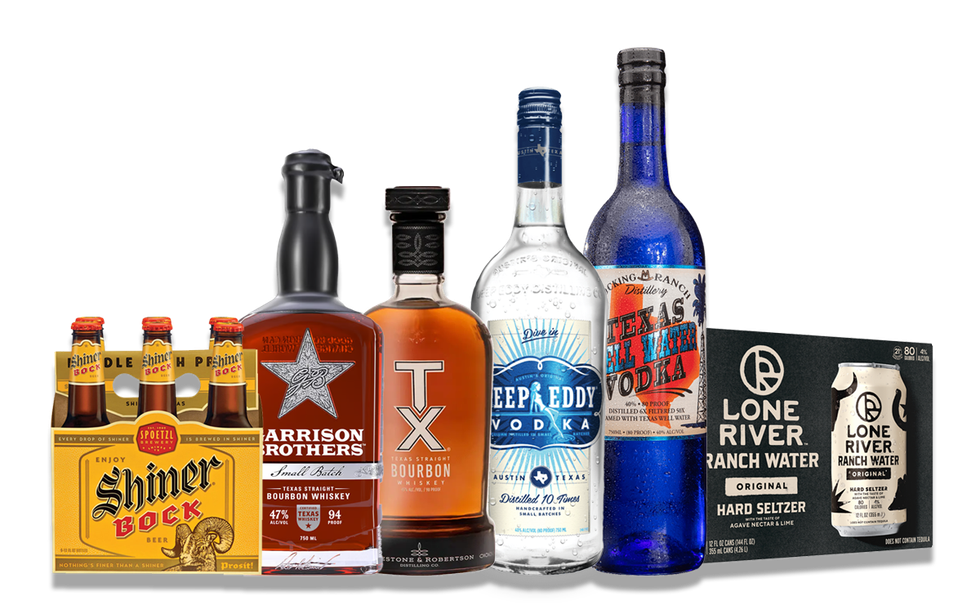 Assortment of alcoholic beverages including Shiner Bock beer, bourbon, vodka, and Lone River Ranch Water.