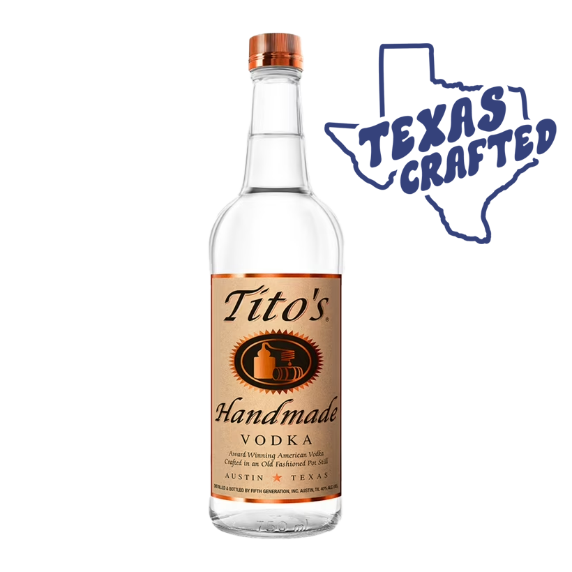 Tito's Handmade Vodka bottle with copper accents, Texas-crafted.