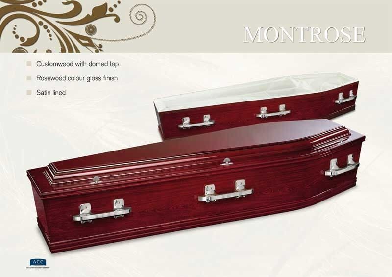 Two Wooden Montrose Coffins, Reddish-brown — Finlayson & McKenzie Funeral Directors in Rockhampton City, QLD
