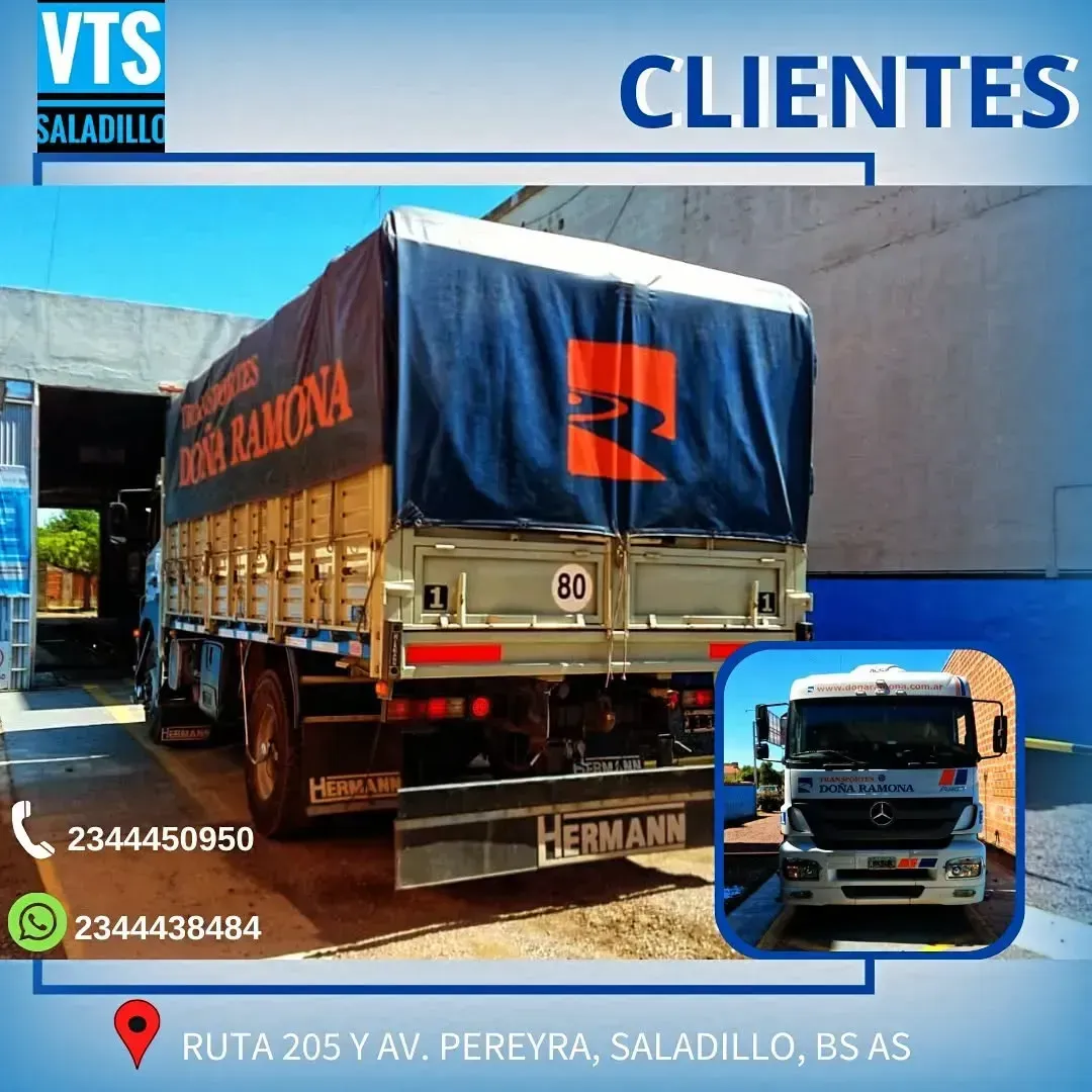 Camión de la empresa VTS Saladillo, transporte de mercancías. Información de contacto: teléfono y dirección.