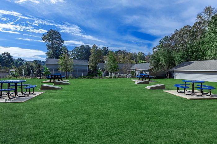 Lush green lawn with several blue picnic tables, trees, and houses under a blue sky.