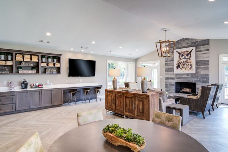 Modern lounge with fireplace, built-in bar, TV, and round table, neutral colors.