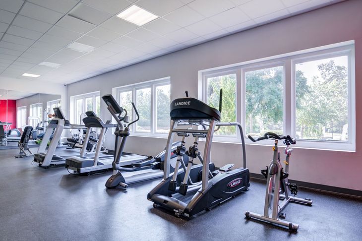 Gym with treadmills, elliptical, and stationary bike near windows.