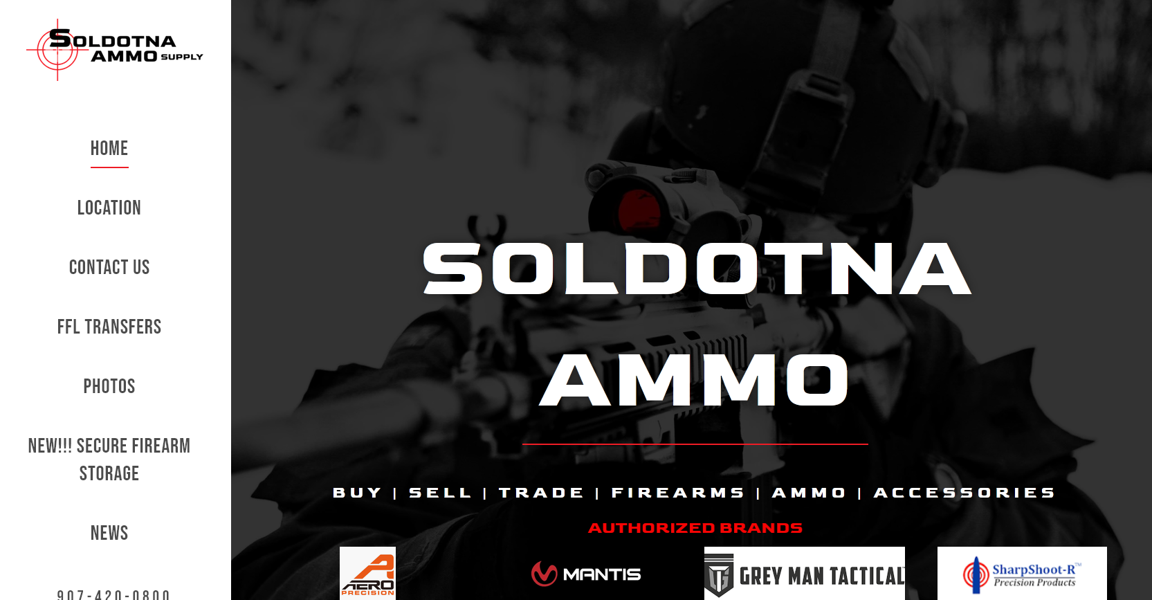 Soldotna Ammo website homepage with dark hero banner and rifle image, white navigation sidebar on left
