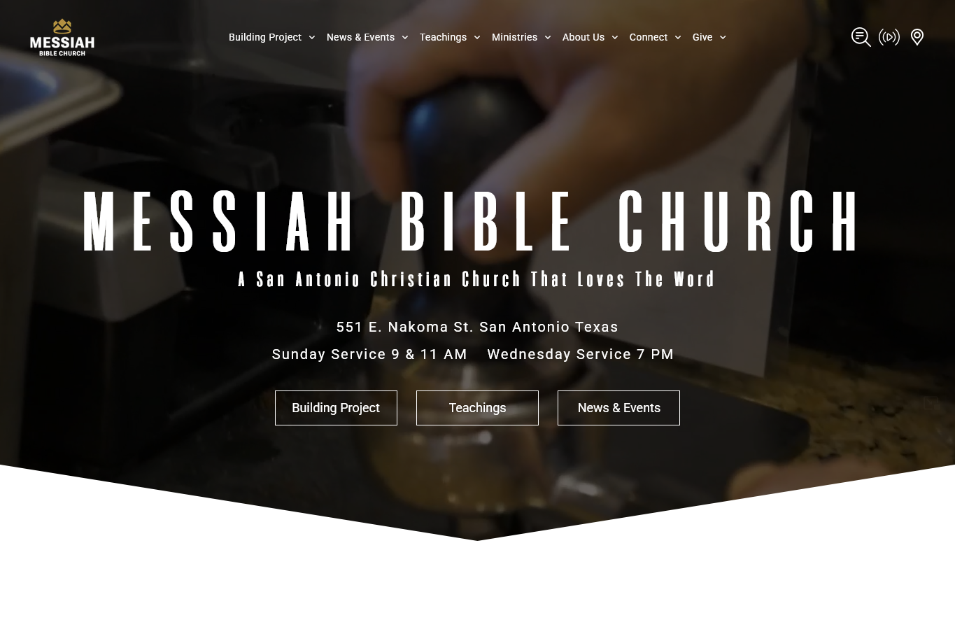 Messiah Bible Church website homepage, barista making espresso, white text on dark background.
