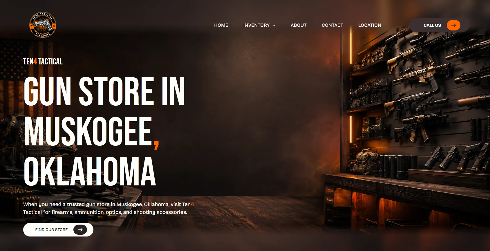 Gun store website hero banner with rifle display and bold text: “GUN STORE IN MUSKOGEE, OKLAHOMA”