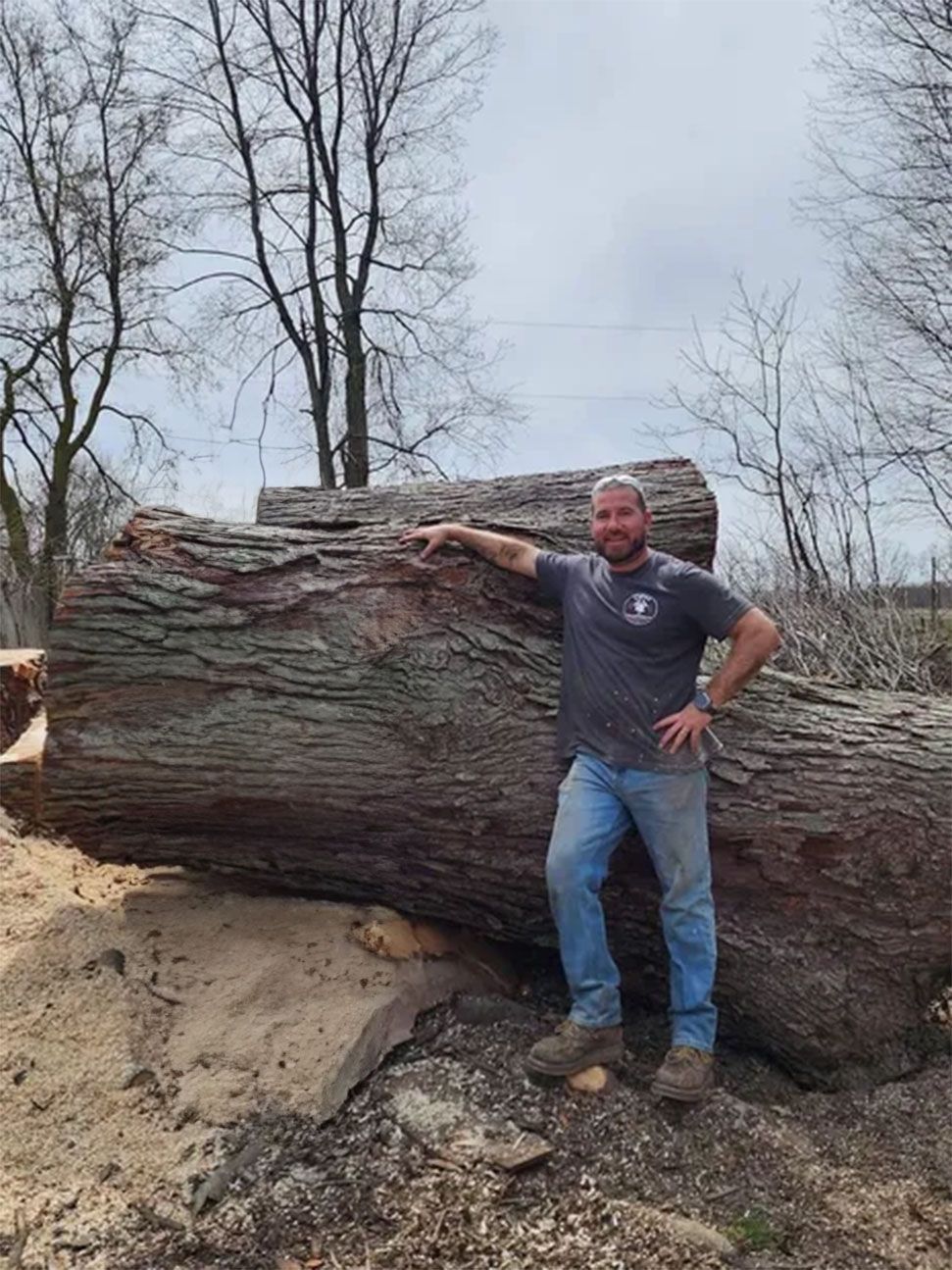 Two men are standing next to a large log.