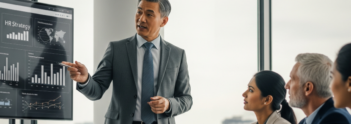 HR manager presenting 2026 HR strategy to executive board