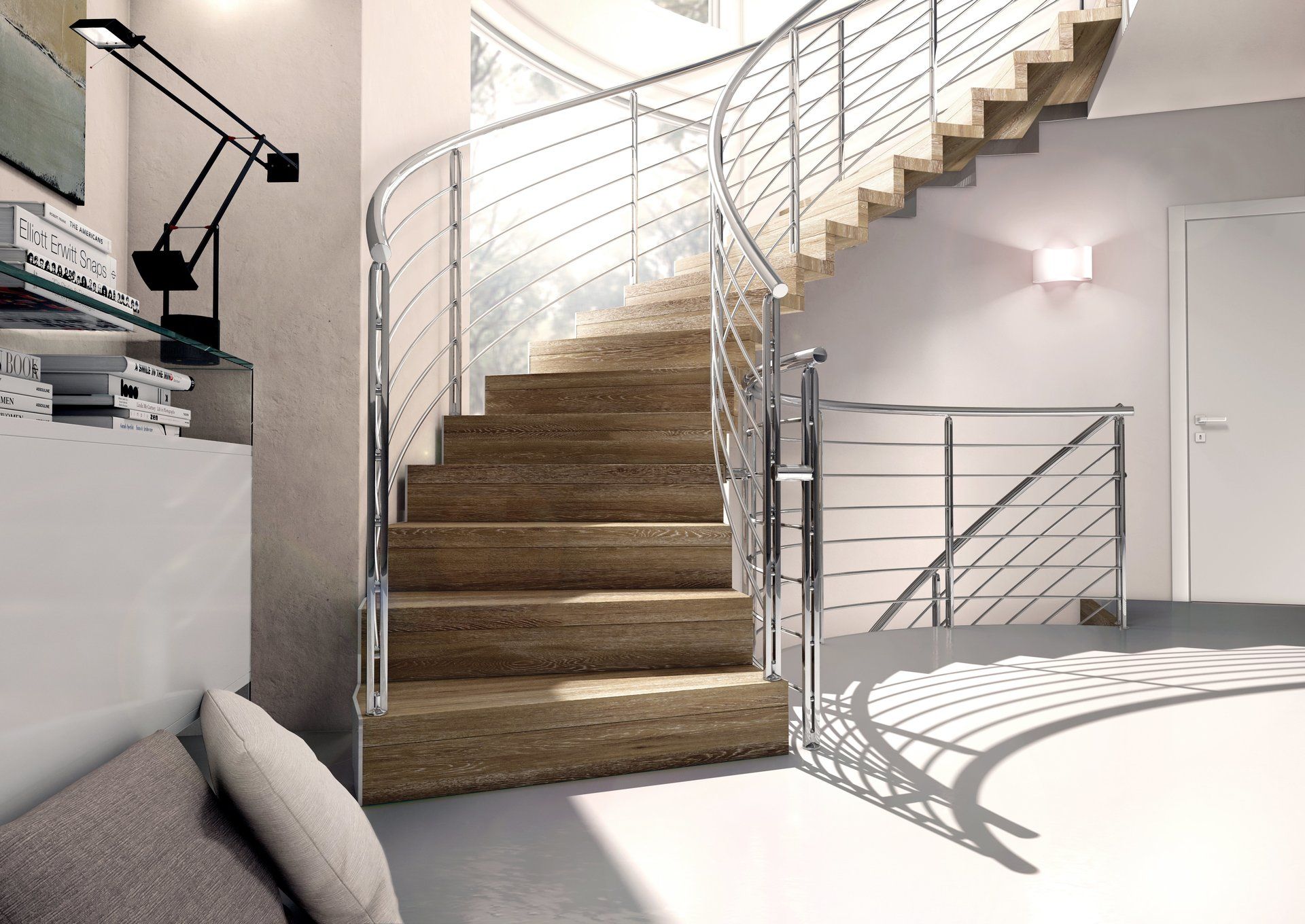 scala elicoidale in legno e acciaio