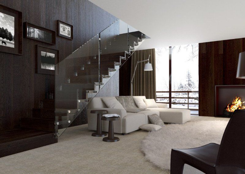 soggiorno con scala in legno e vetro