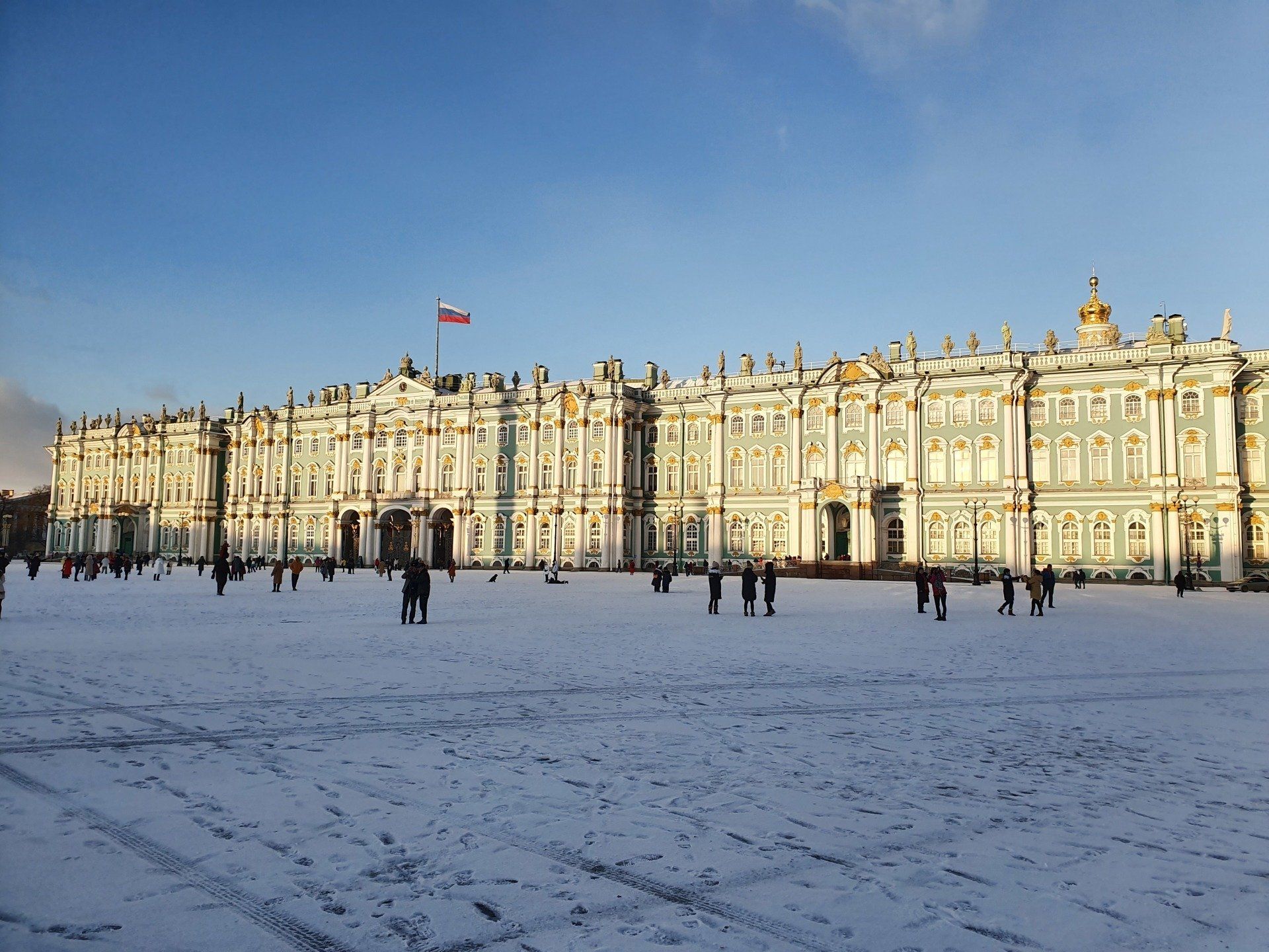 A snowy Hermitage and Winter Palace in St. Petersburg, Russia