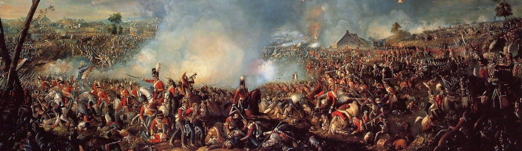 Painting of soldiers and horses going into the battle of Waterloo