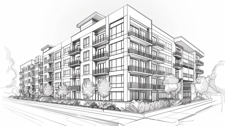A black and white drawing of a large apartment building.