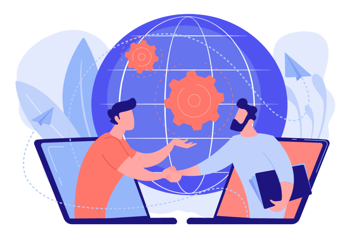Two people shaking hands in front of a globe.