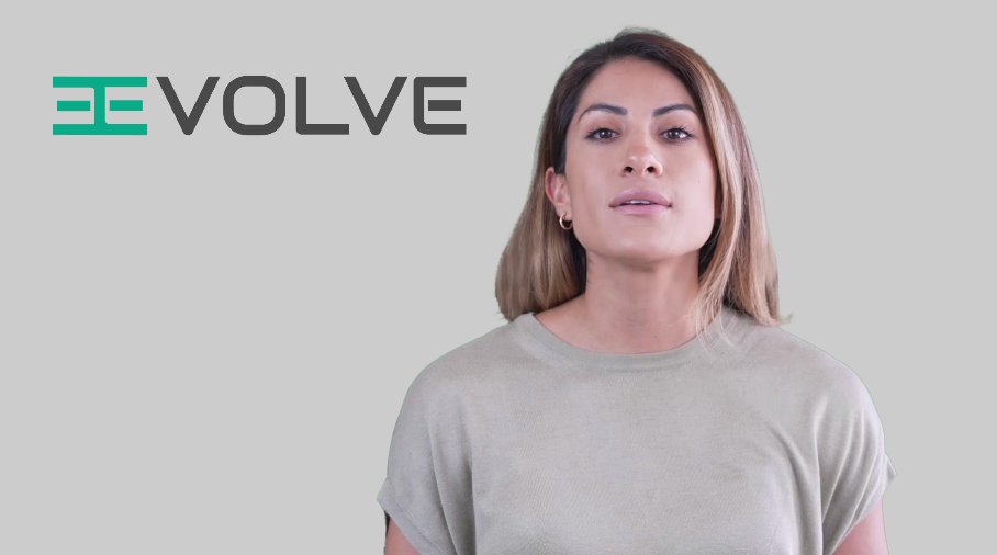 Image showing a talking avatar with the EEvolve logo behind her