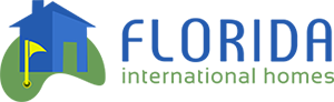 The logo for florida international homes shows a house and a golf flag