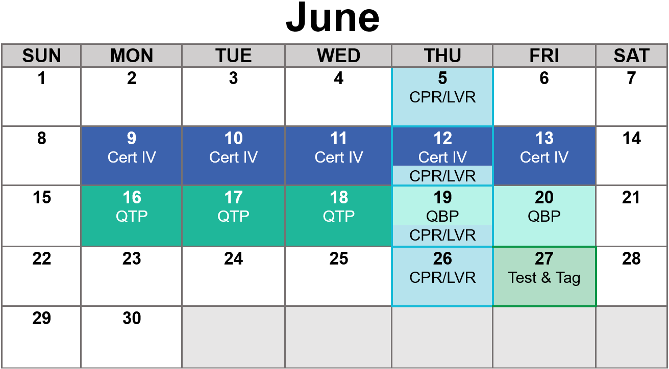 A calendar for the month of june shows a purple first aid day